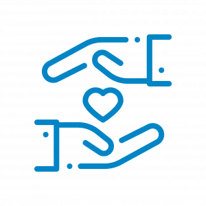 blue icon with outline of two hands either side of a heart