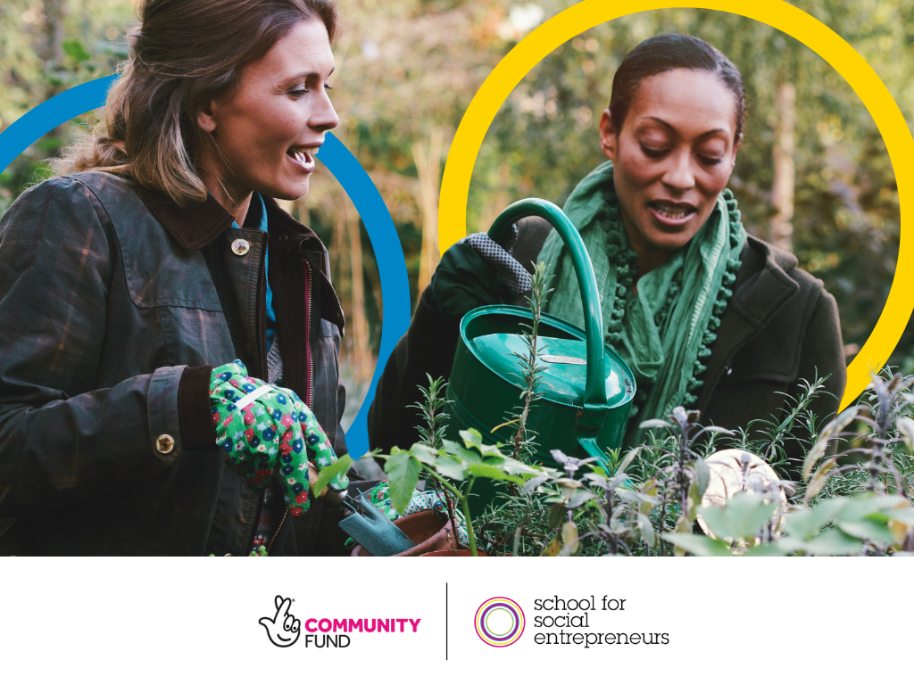 Two people gardening and watering plants while chatting. At the bottom are the logos for The National Lottery Community Fund and School for Social Entrepreneurs