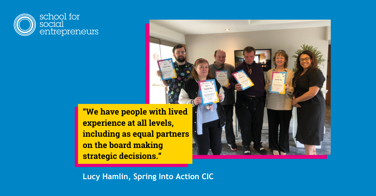 Lucy Hamlin Spring Into Action quote graphic saying "“We have people with lived experience at all levels, including as equal partners on the board making strategic decisions.”